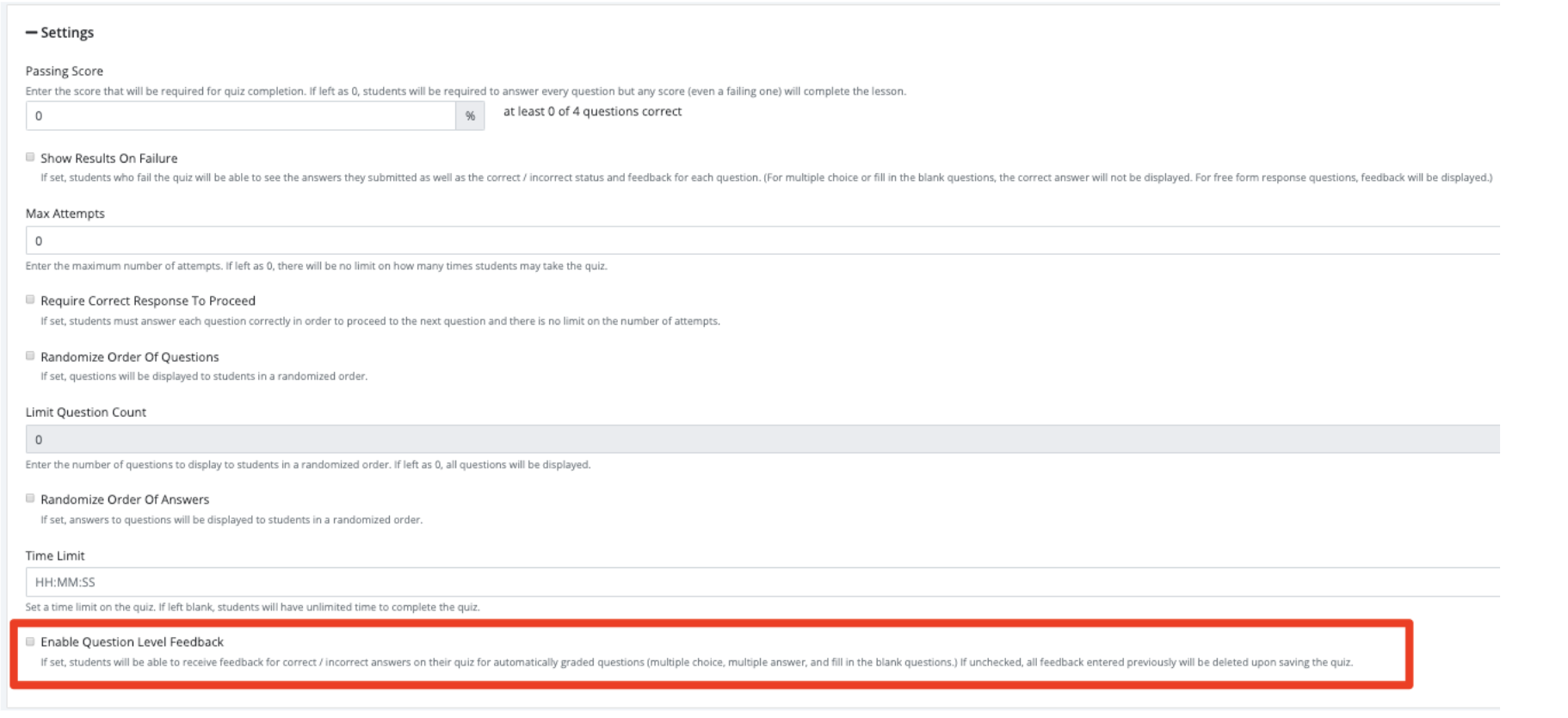 Screenshot showing To enable automatic feedback on a quiz question