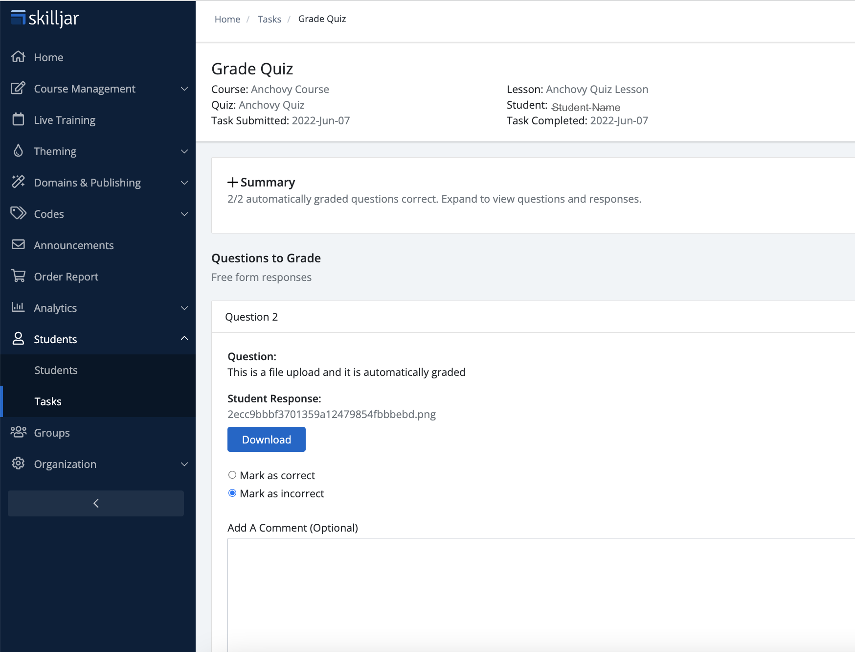 Screenshot showing Manually Grading Free Form Responses and File Upload Questions