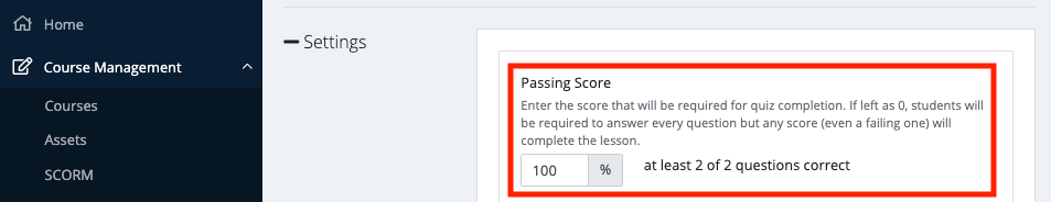 Screenshot showing Quiz lesson completion