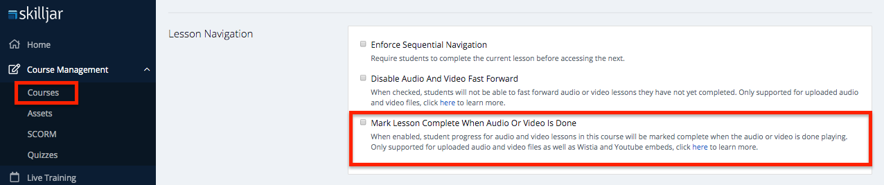 Screenshot showing Default lesson completion behavior