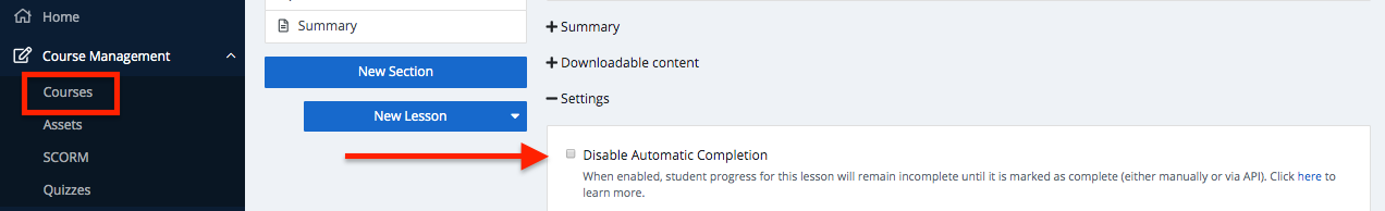 Screenshot showing Default lesson completion behavior