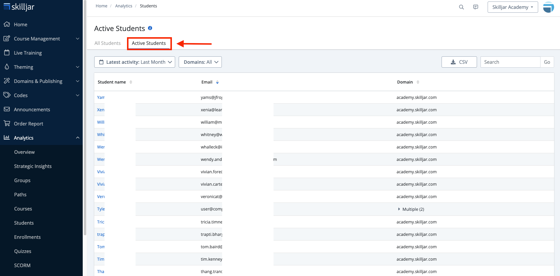 Screenshot showing Active Students Tab