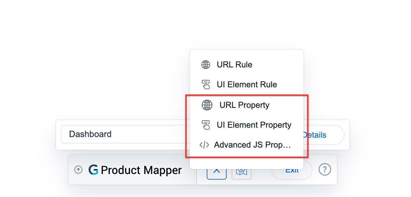 Dropdown menu highlighting property types including URL Property, UI Element Property, and Advanced JS Property under tracking options in Product Mapper.