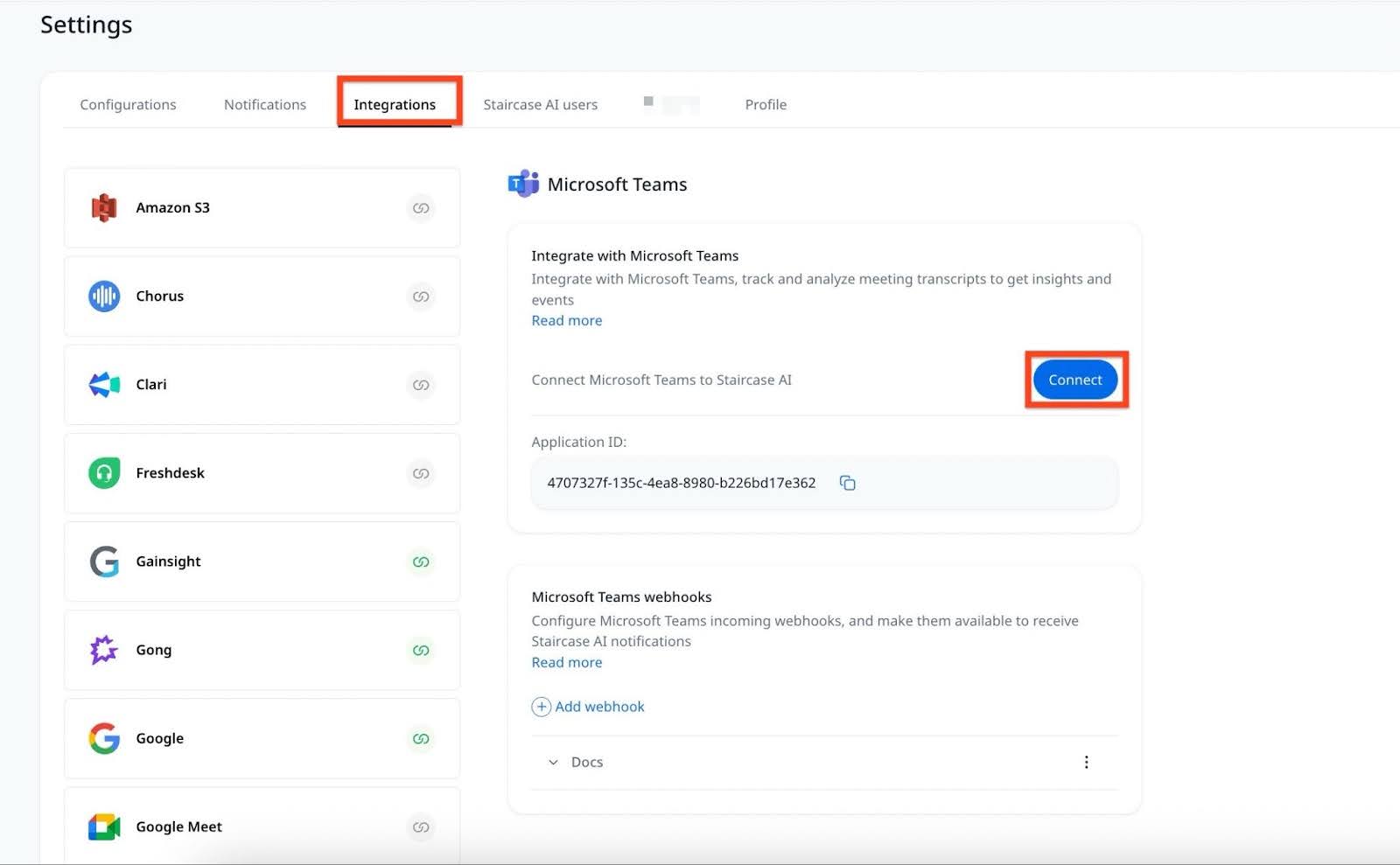 Integrations tab with Microsoft teams card