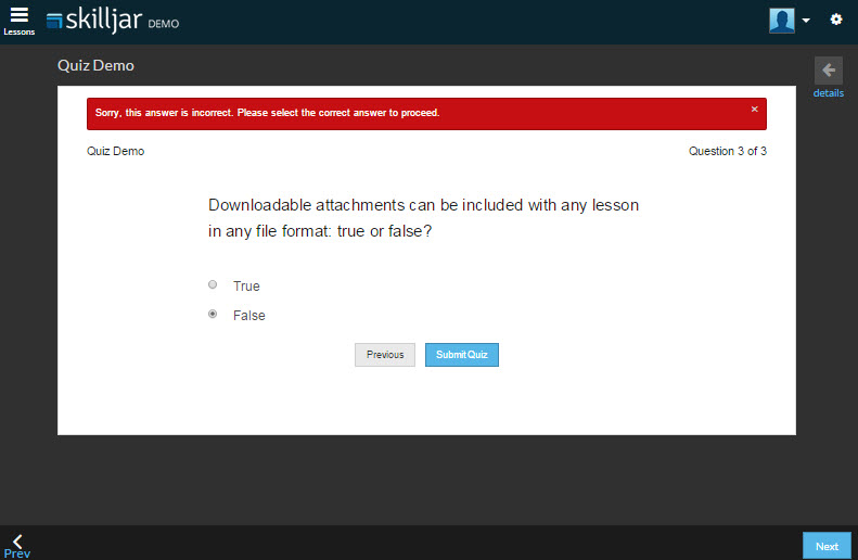 Screenshot showing Select or deselect “Require Correct Response To Proceed”