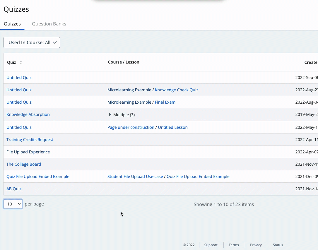 Screenshot showing Find a quiz you created in Skilljar