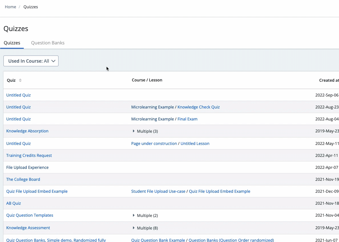 Screenshot showing Find a quiz you created in Skilljar
