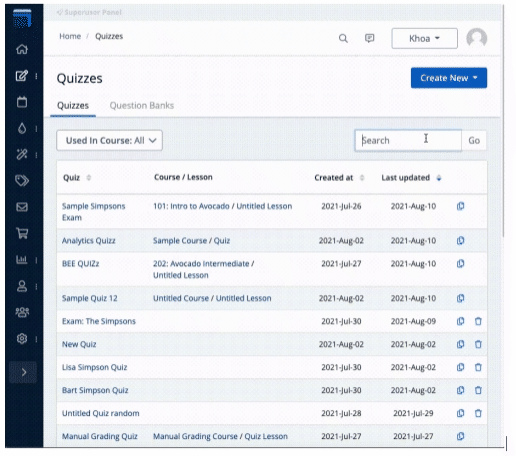 Quiz titles matching the keyword will populate in the Quizzes table.