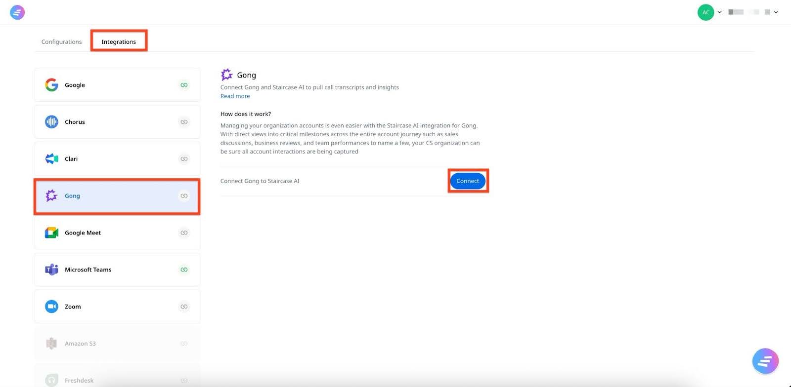 Integrations tab with Gong card with connect button.