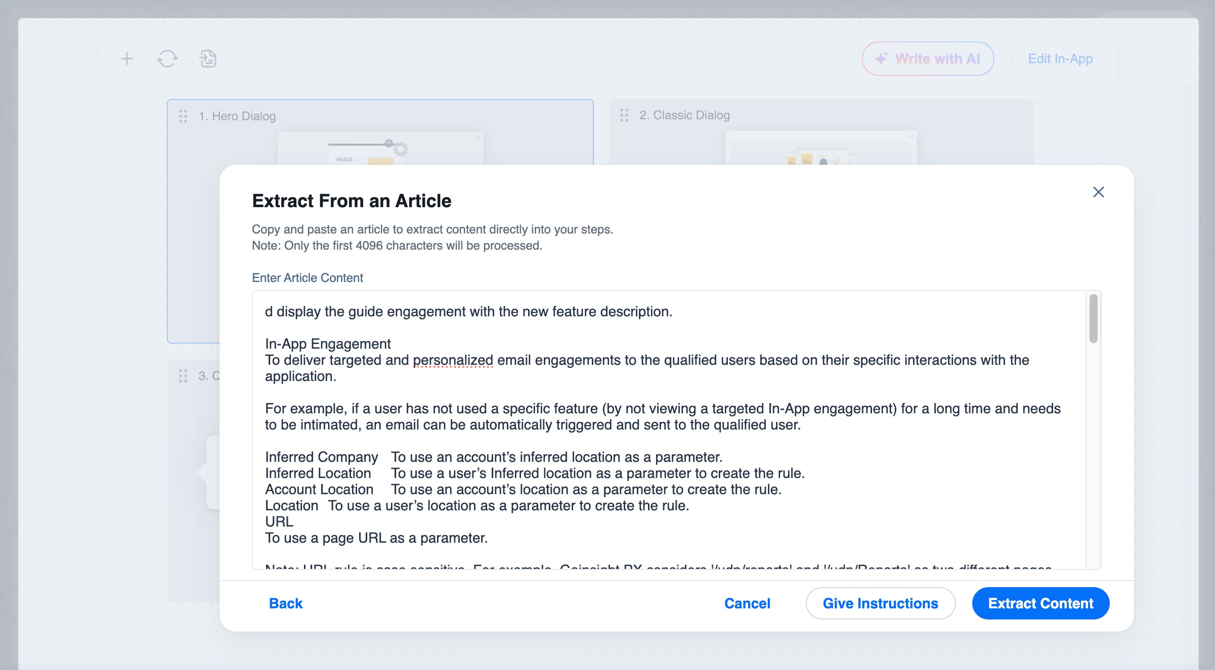 Extract From an Article screen showing pasted content with the option to generate engagement steps from up to 4096 characters of input text.
