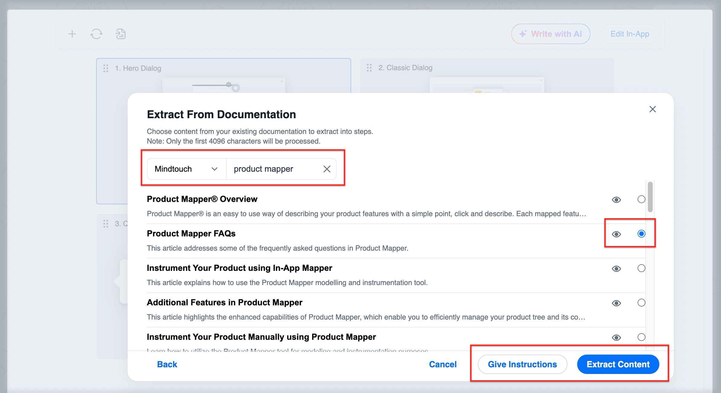 Extract From Documentation panel with Mindtouch selected as the source and filtered results for 'product mapper' articles to extract into engagement steps.