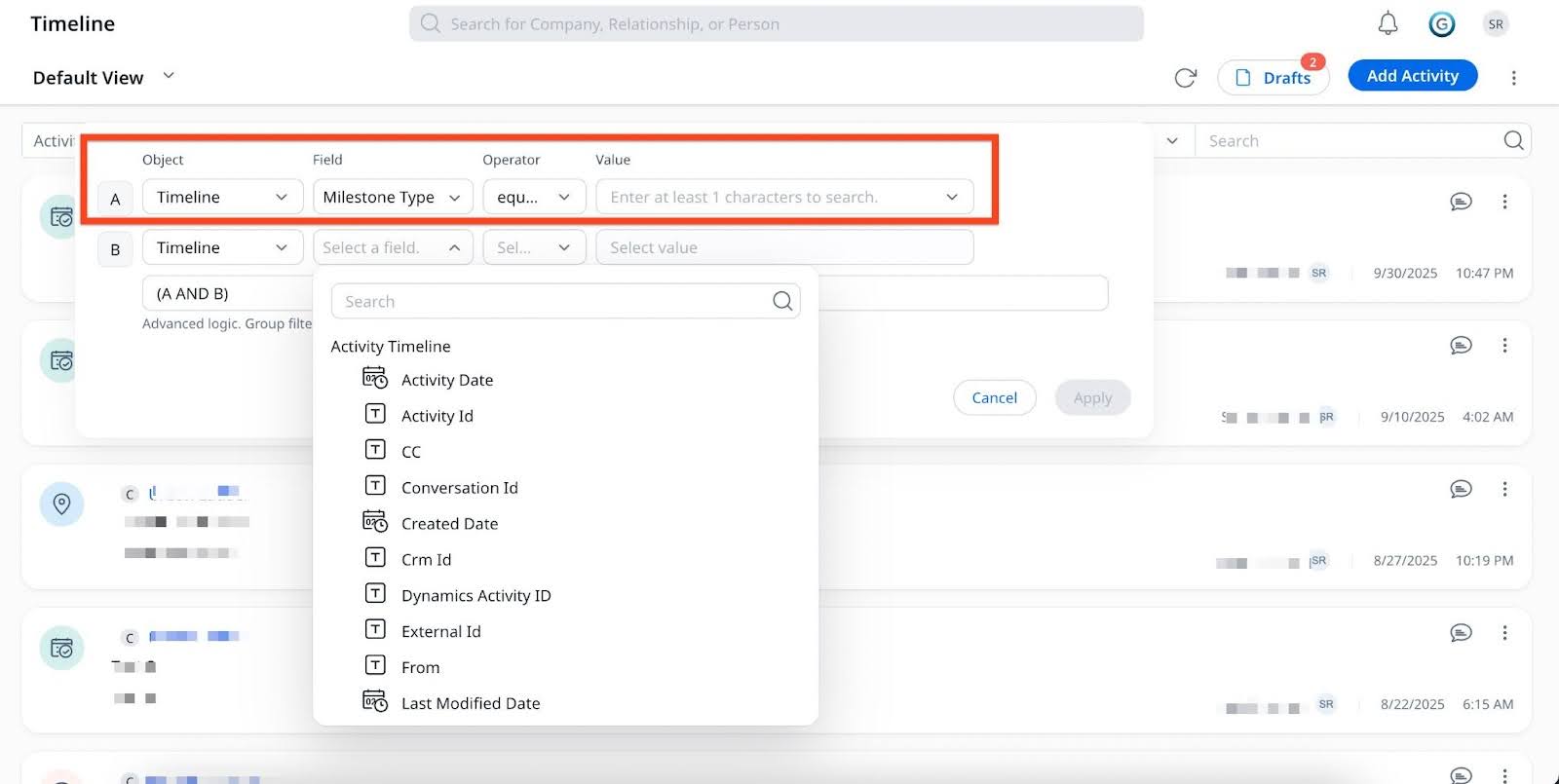 Milestone type field in advanced filter