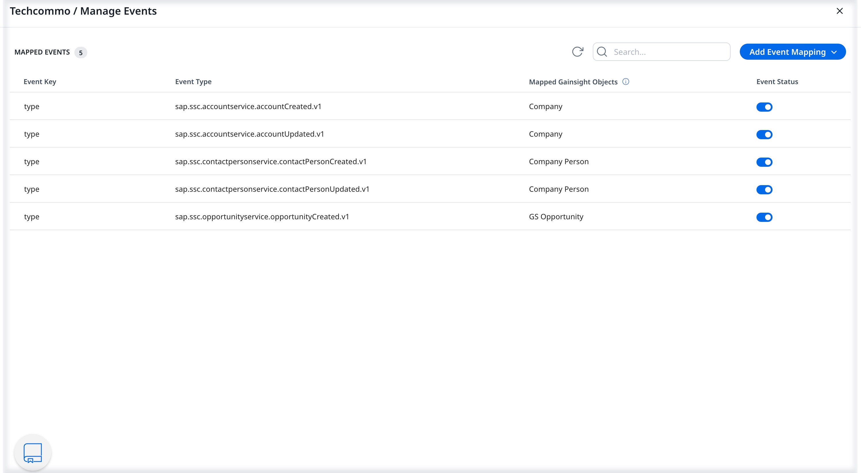 Manage events page showing mapped SAP Sales Cloud events linked to Gainsight objects.
