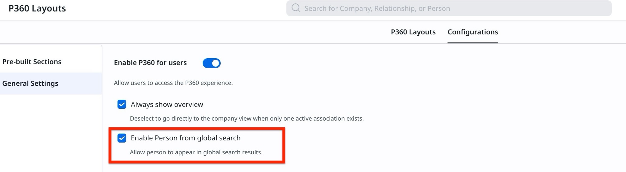 P360 layout settings with Enable Person from global search option checked.
