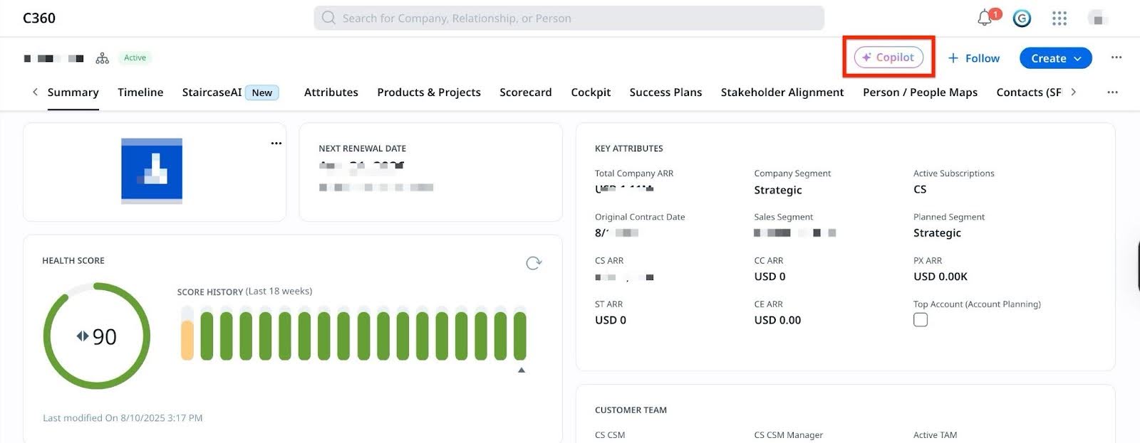 Gainsight C360 Summary page showing health score, key attributes, and highlighted Copilot button