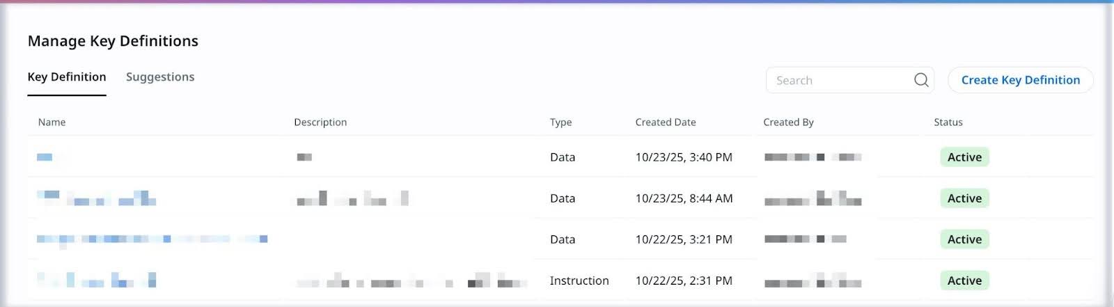 Manage Key Definitions page showing list of data and instruction types with active status