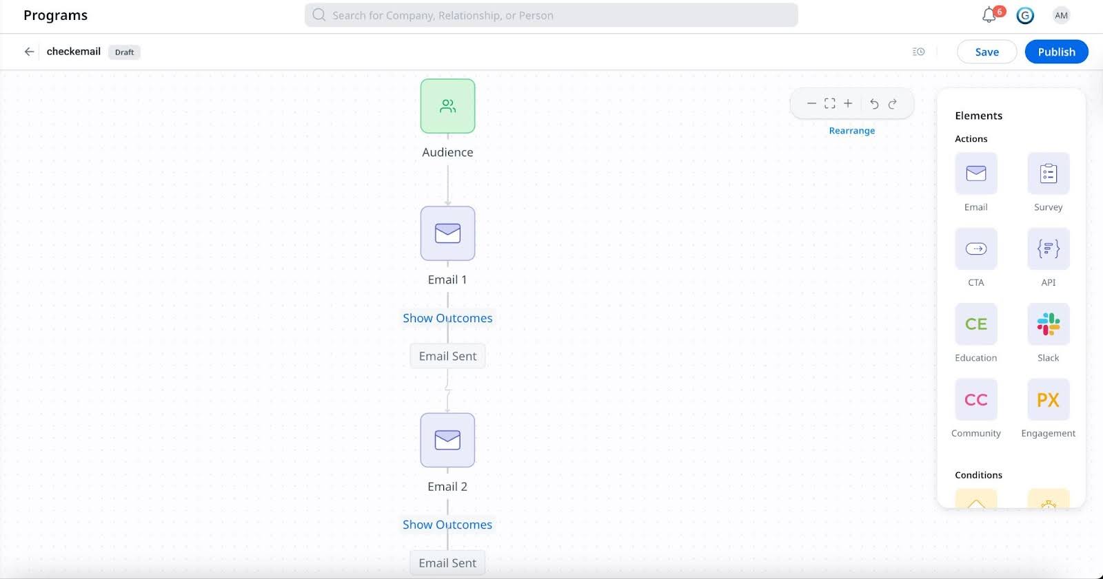 Program Builder screen showing a draft program. The journey starts with the Audience node, followed by two sequential email steps: Email 1 and Email 2.