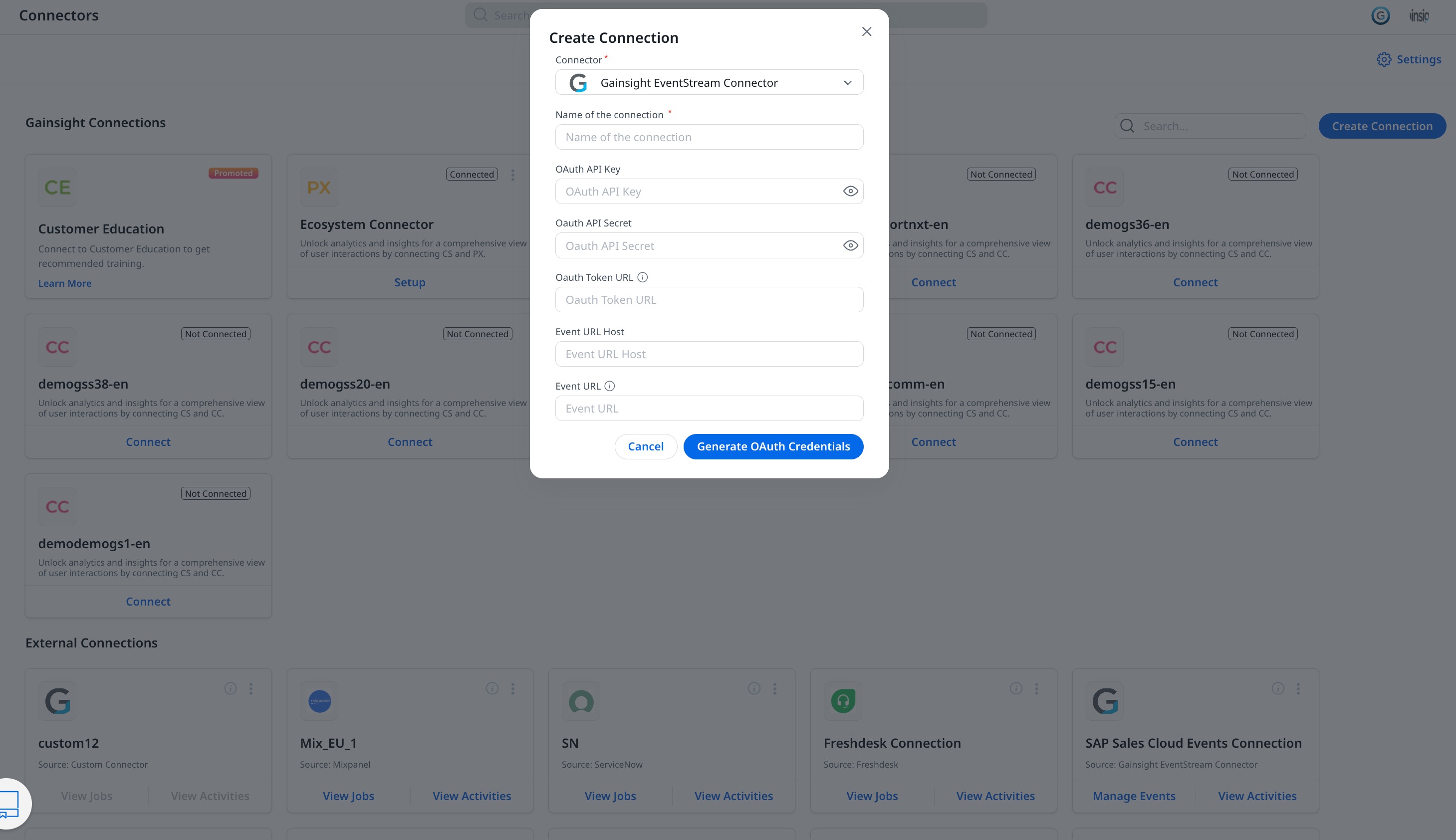 Create connection form for Gainsight EventStream Connector with OAuth credentials fields.