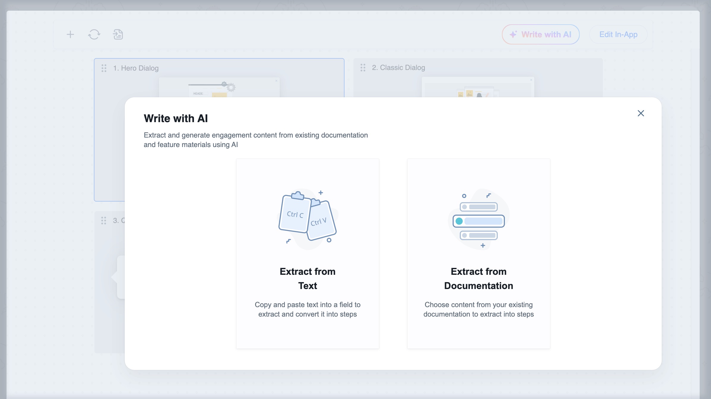 Write with AI dialog screen offering two options: 'Extract from Text' for pasted input, and 'Extract from Documentation' for selecting help content to generate engagement steps.
