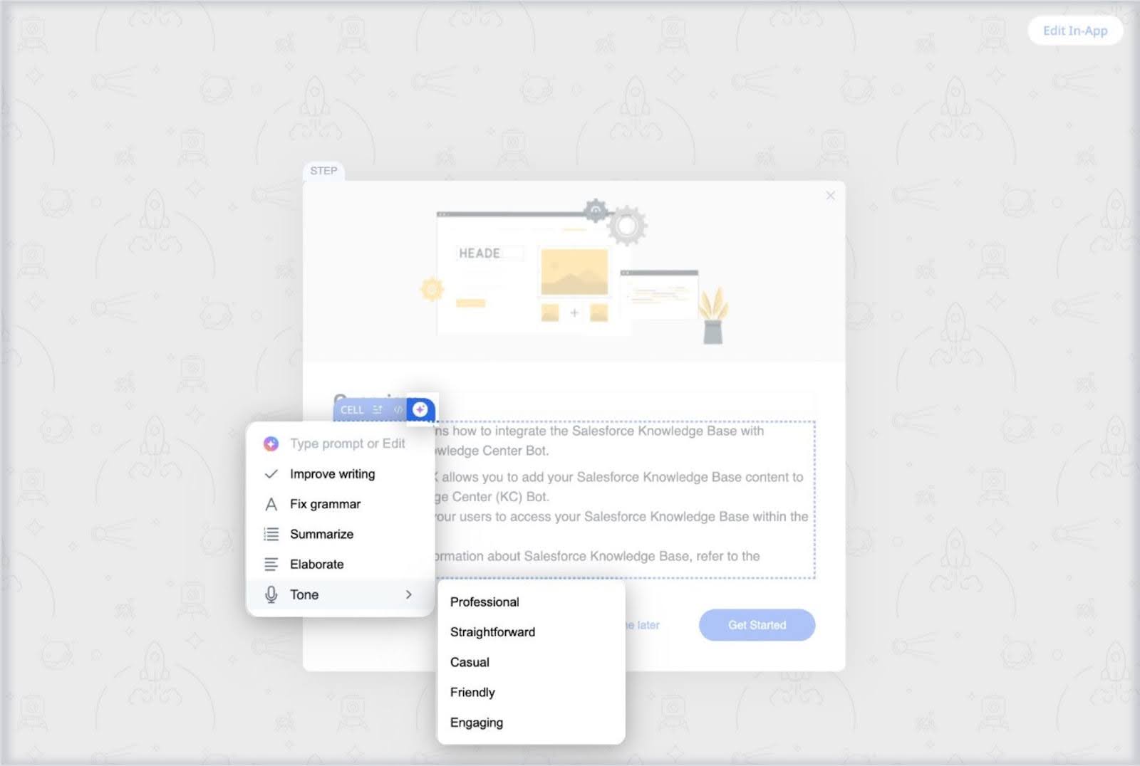 Inline AI writing assistant in a step editor, displaying options such as Improve Writing, Fix Grammar, Summarize, Elaborate, and a Tone menu with style choices including Professional, Straightforward, Casual, Friendly, and Engaging.