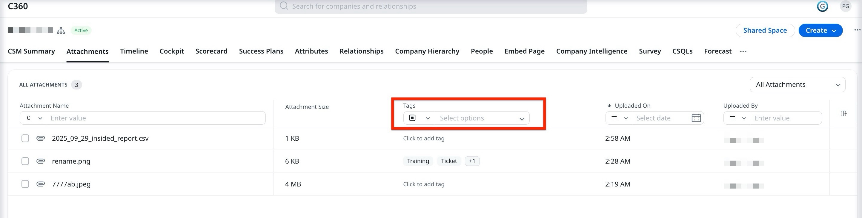 C360 attachments page showing column filter for tags and file details with upload info.