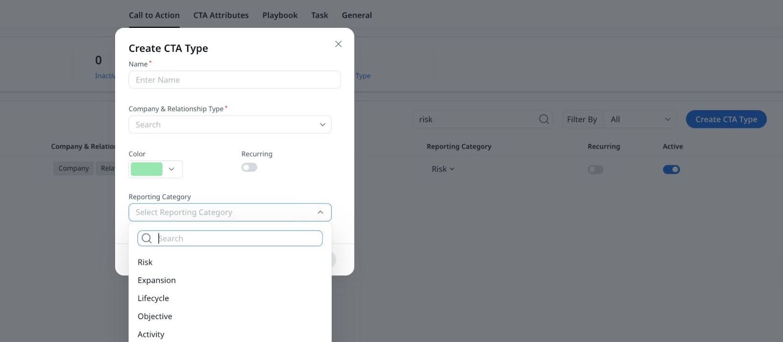 select from out-of-the-box Reporting Categories or add new ones while creating a CTA Type,