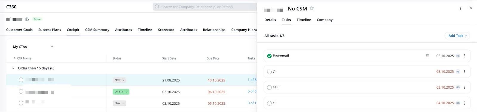 In the Tasks tab of the CTA Detail View, users can perform inline editing