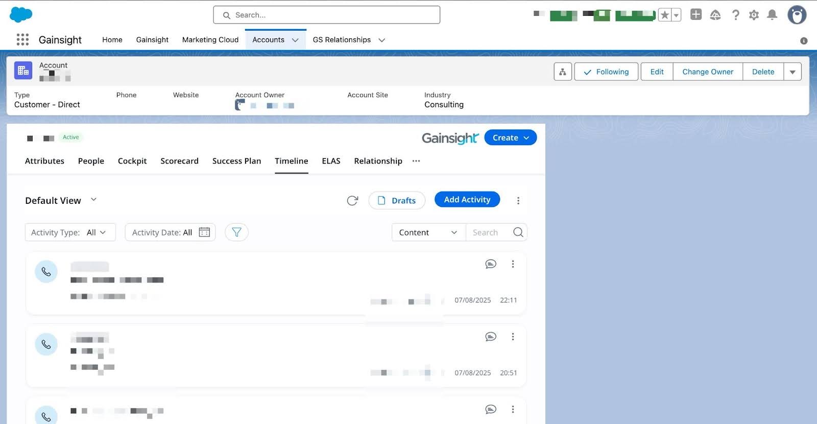 The configured C360 or R360 layout is displayed directly against the Salesforce record.