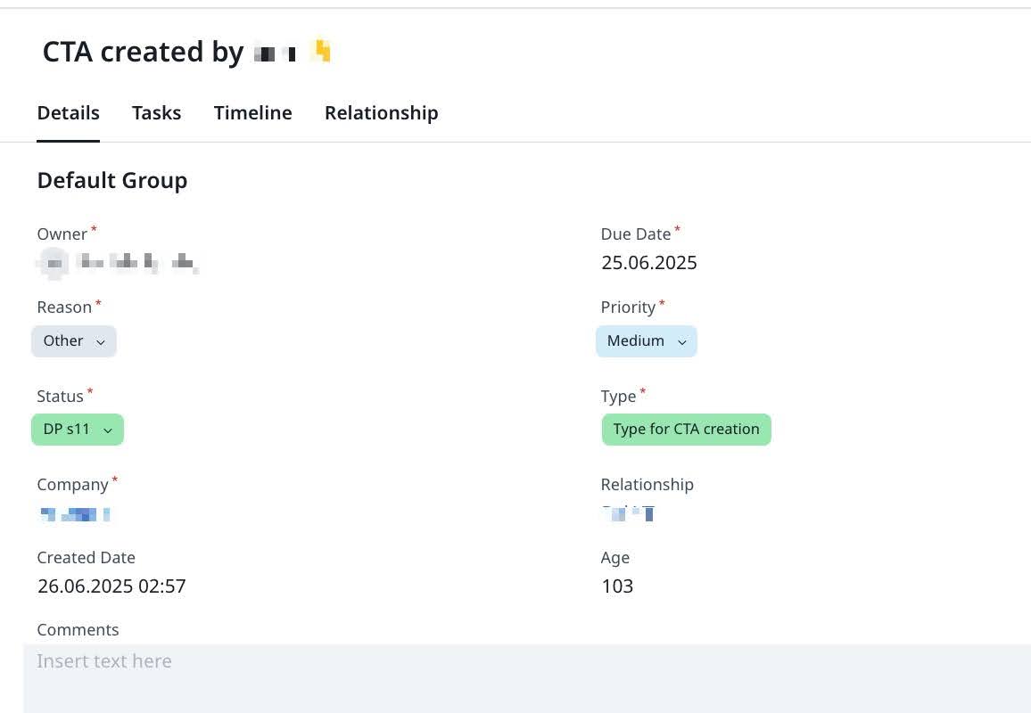 Admins can modify the CTA detail view layouts (for each CTA type) to include custom fields from the Call to Action