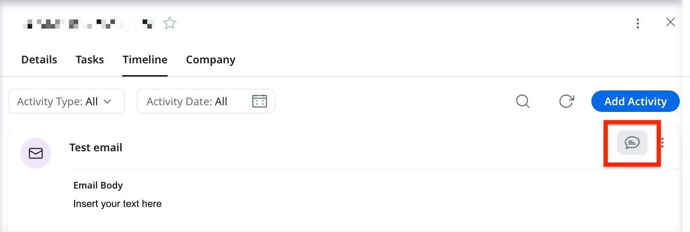 Comments icon to view and add new comments to the activity