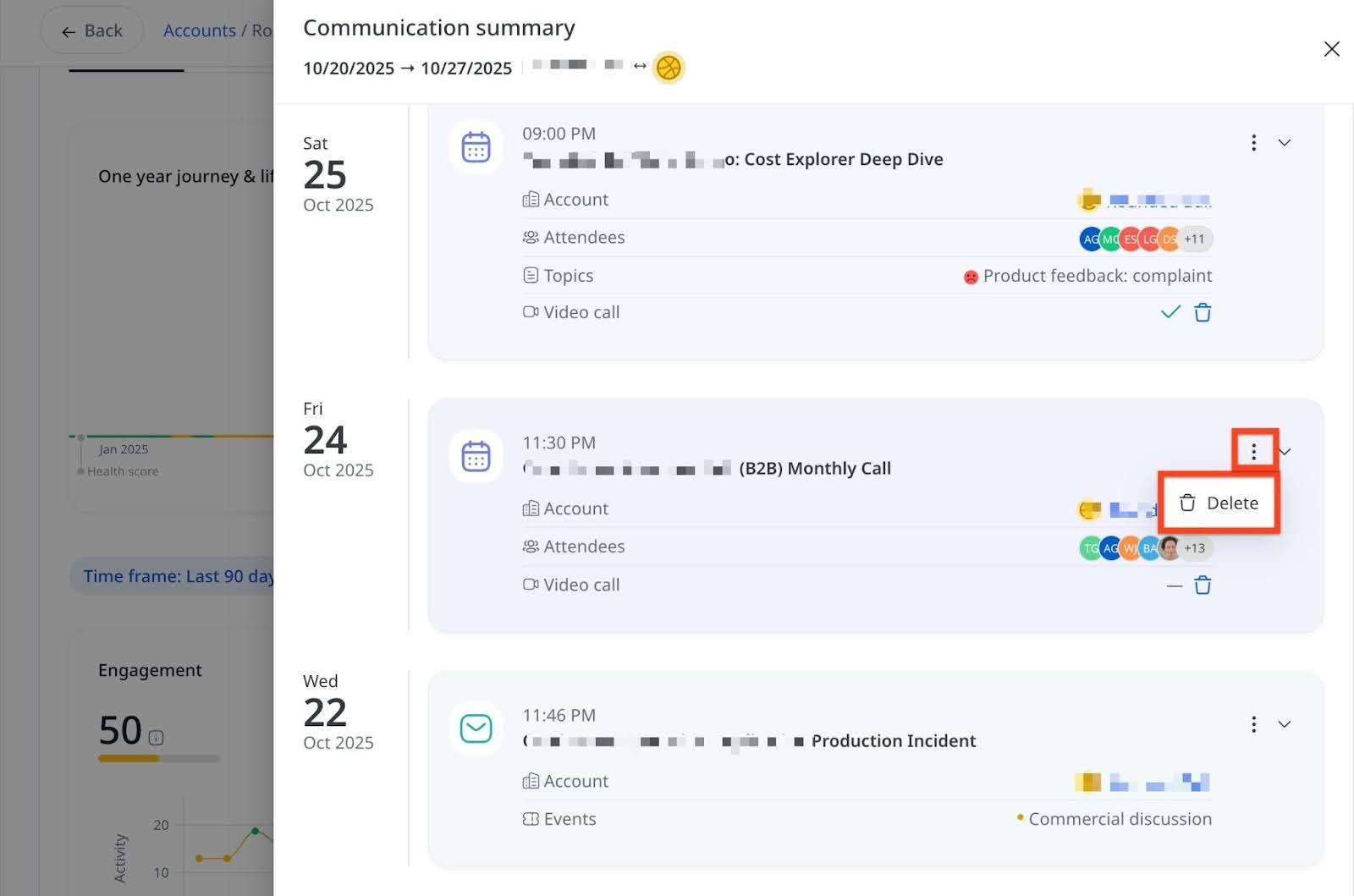 Communication summary with delete option.