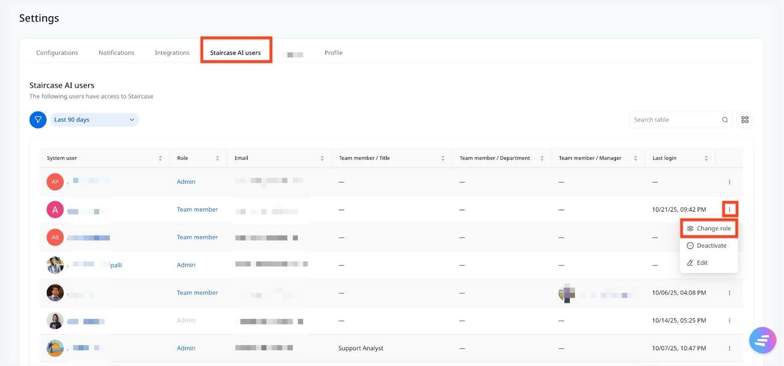 Staircase AI users tab with Change role option.