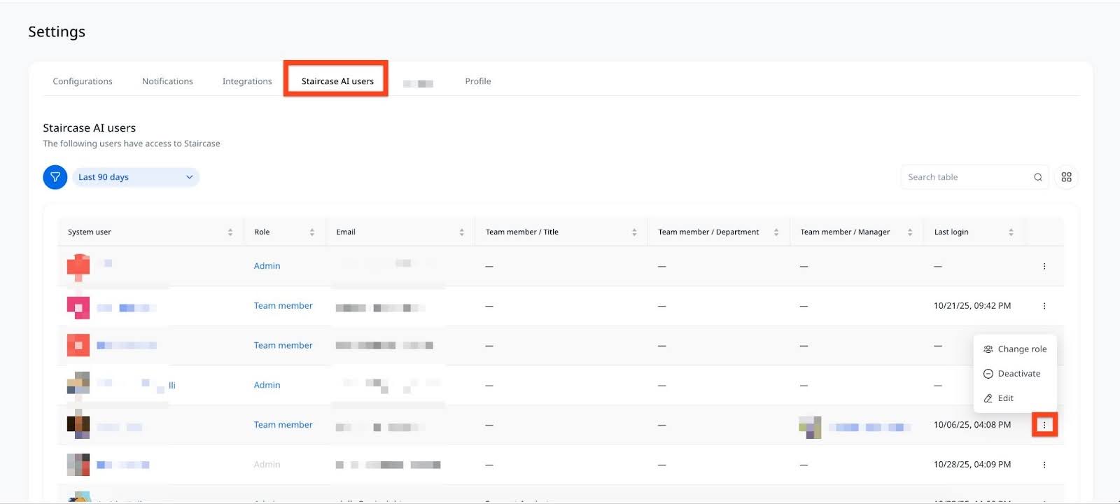 Settings page with Staircase AI users tab 