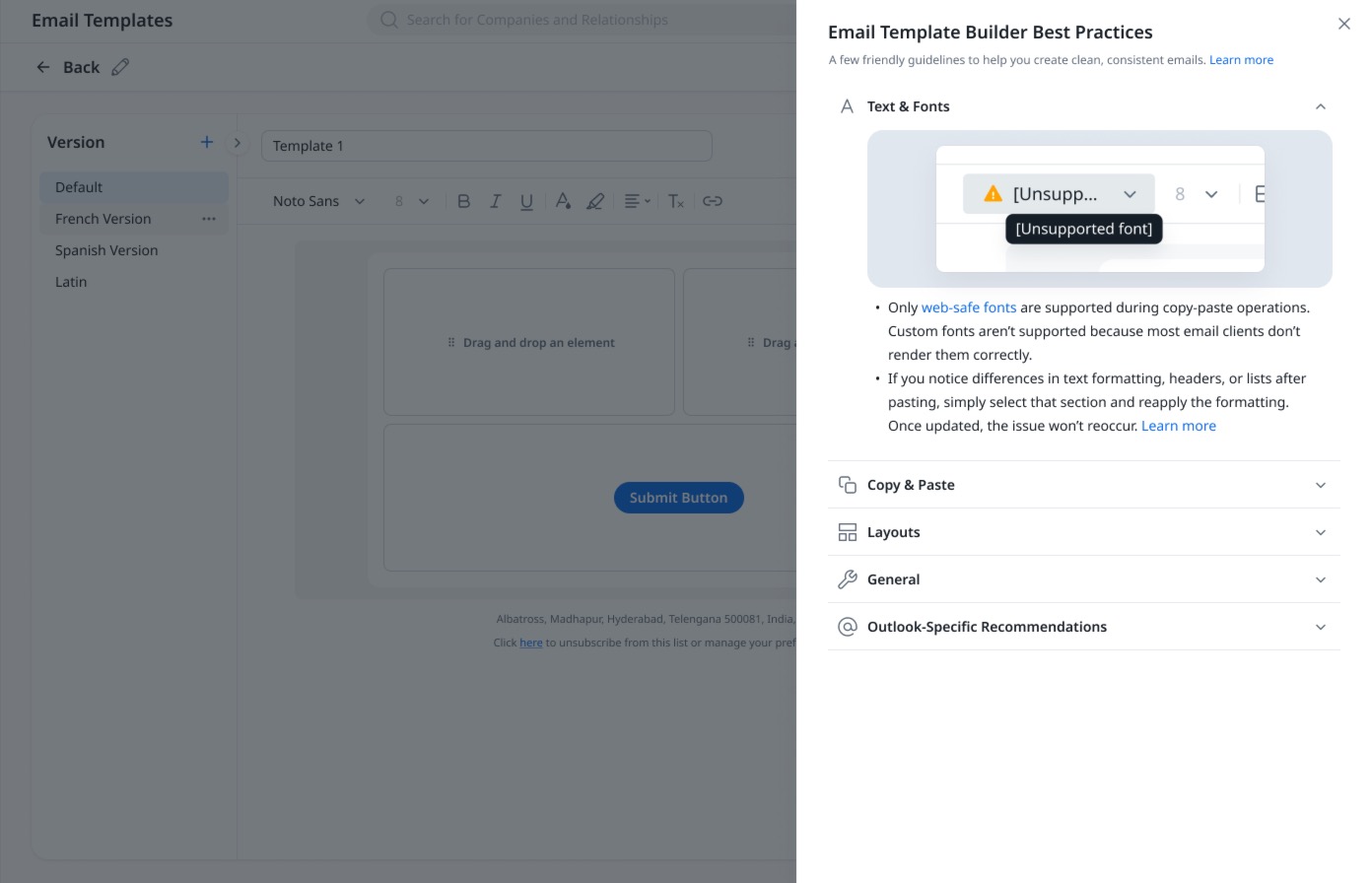 Email template builder best practices slide out panel.