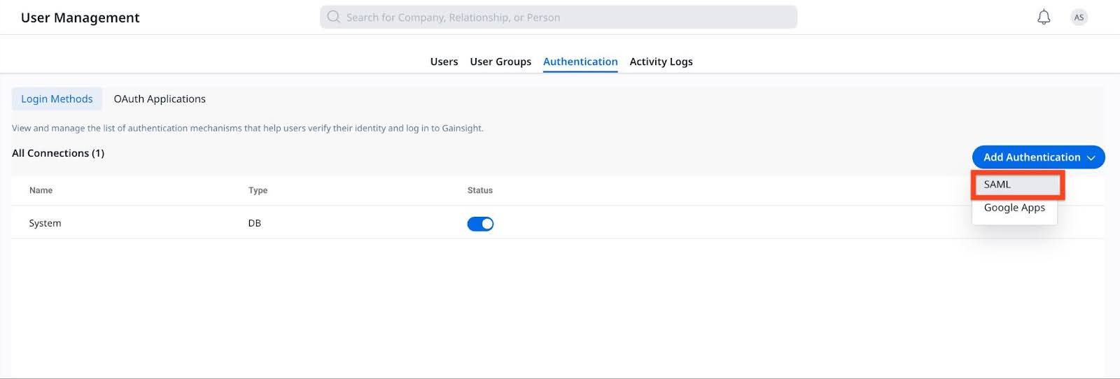 Add Authentication and select SAML.