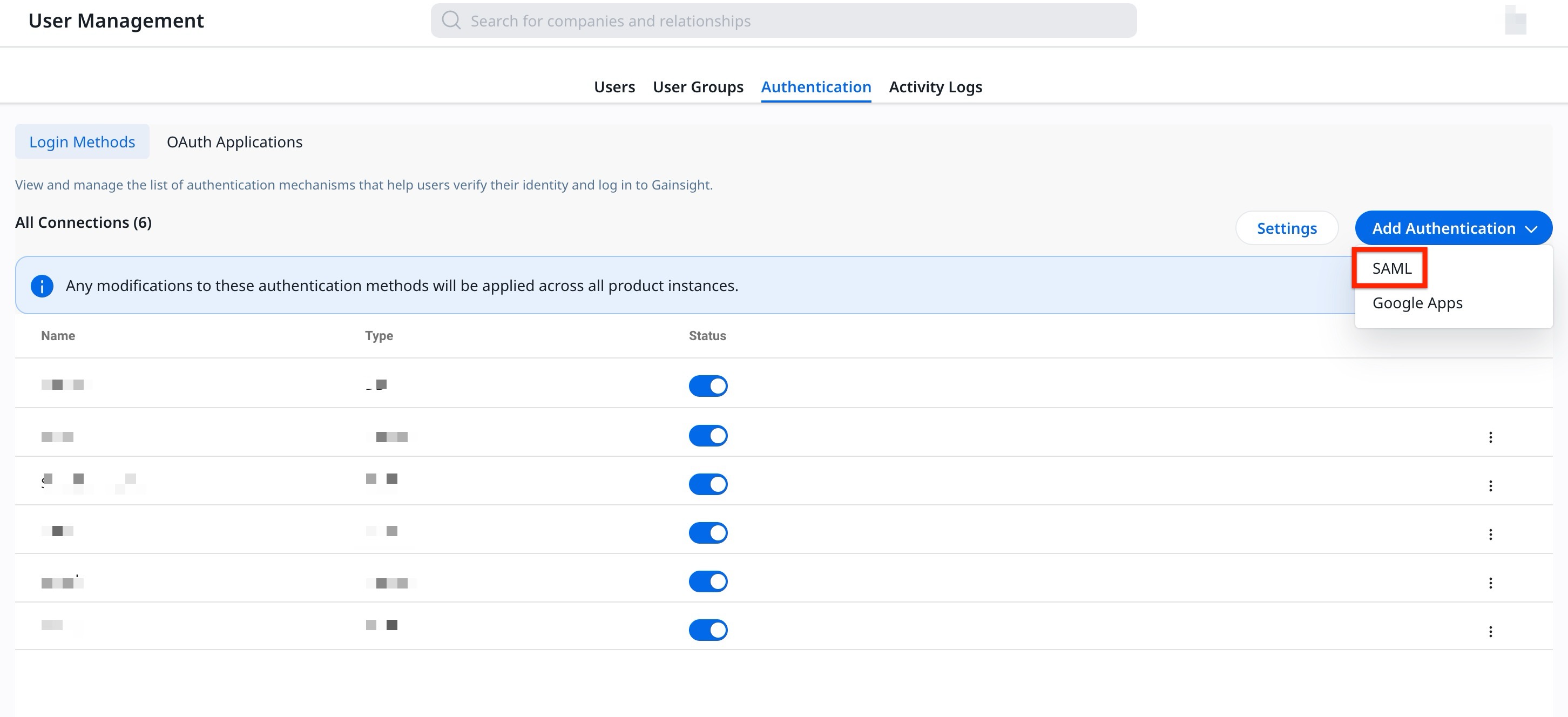 User management authentication page showing list of login methods and option to add SAML authentication.