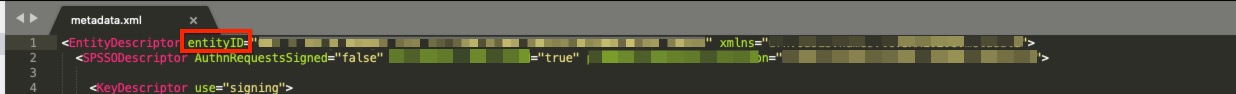 SAML metadata XML snippet showing EntityDescriptor tag with highlighted entityID attribute.