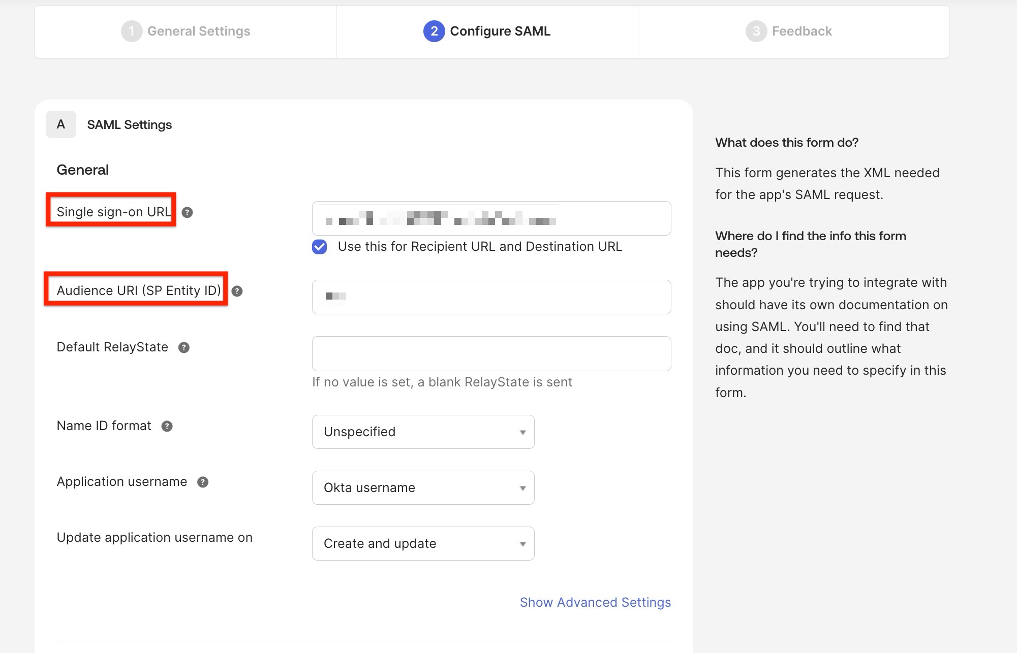 SAML configuration page showing fields for Single Sign-On URL and Audience URI (SP Entity ID).
