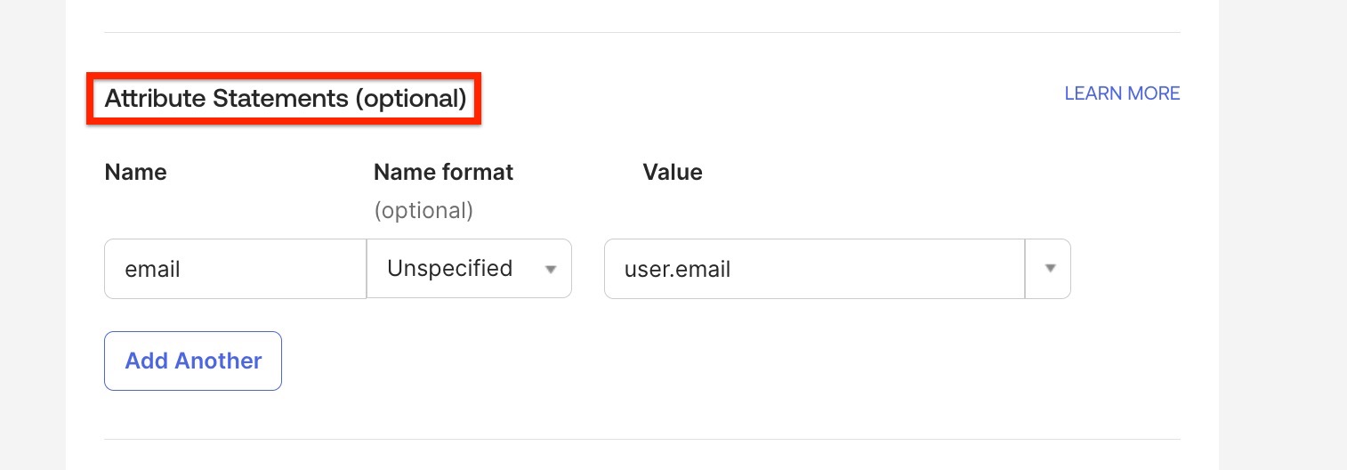 SAML attribute statements section showing email attribute mapped to user.email.