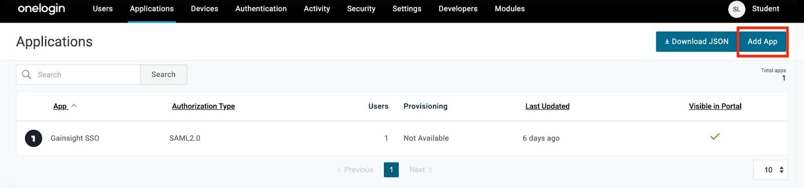 Applications page showing existing apps and the “Add App” button highlighted for creating a new application.