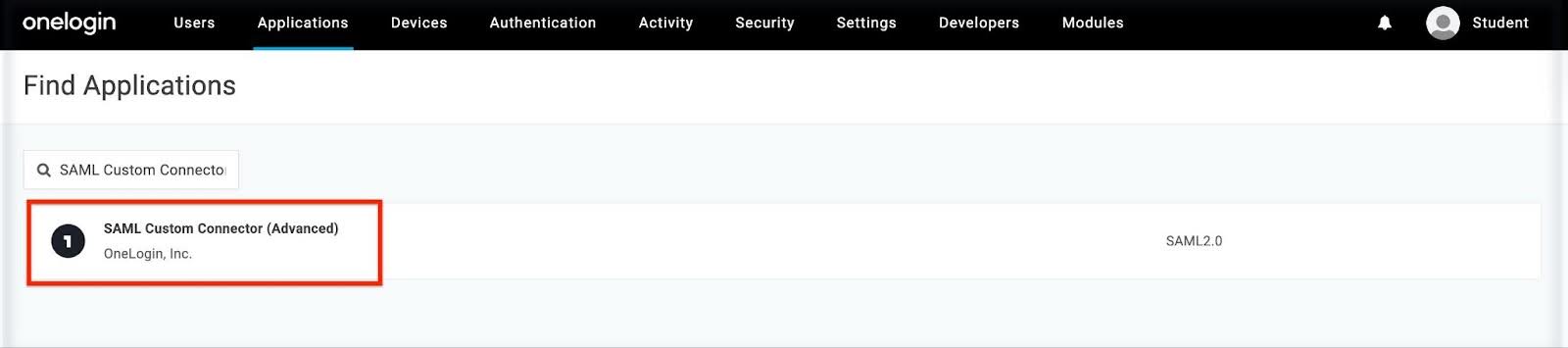Search results showing the “SAML Custom Connector (Advanced)” application highlighted in OneLogin.