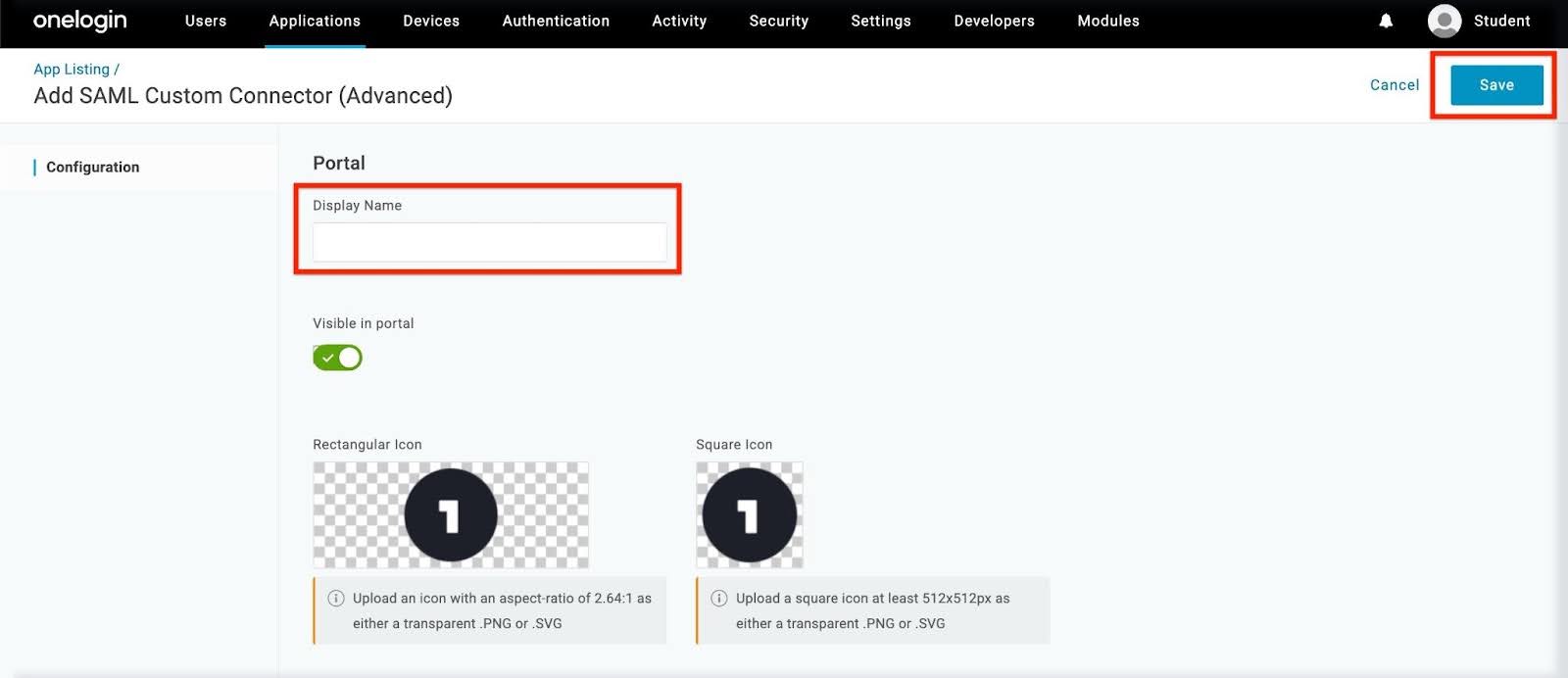 AML Custom Connector setup screen showing the Display Name field and the Save button highlighted.