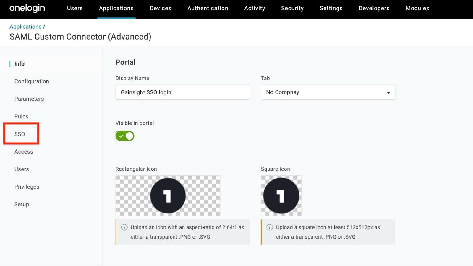 SAML Custom Connector settings page with the SSO tab highlighted in the left menu and display name options shown.