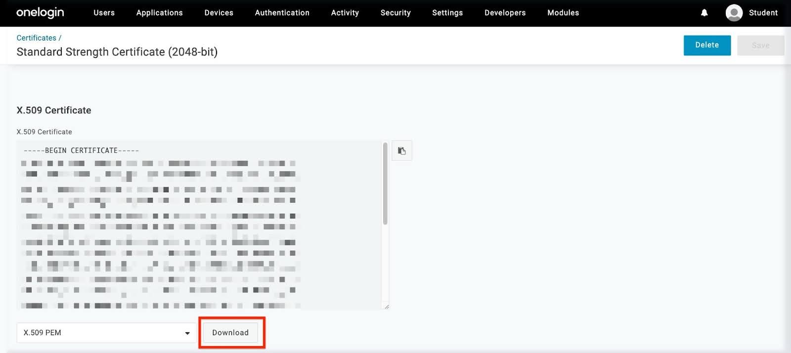 Certificate details page showing the X.509 certificate content with a highlighted Download button.