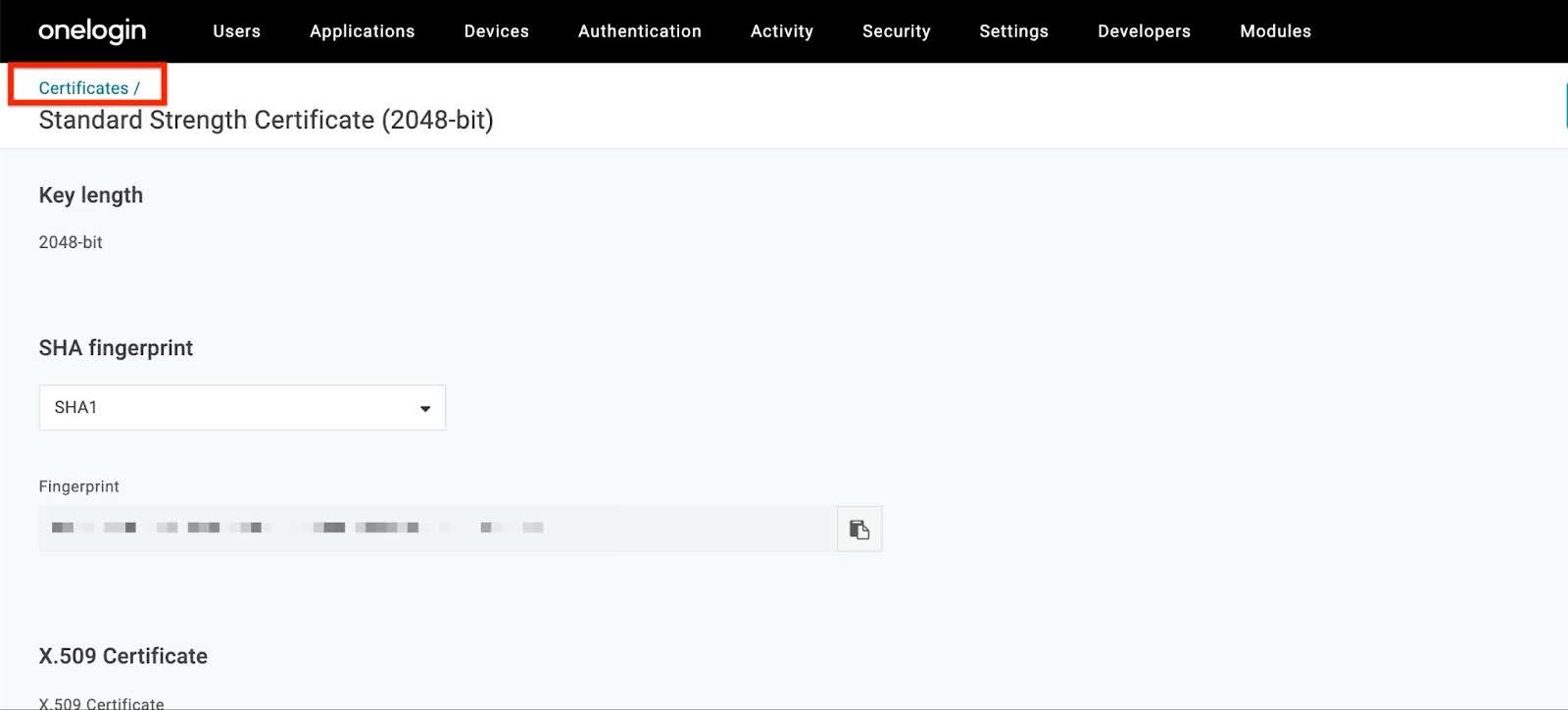 Certificate details page showing key length, SHA fingerprint, and breadcrumb link to the Certificates list highlighted.