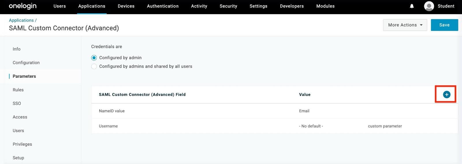 Parameters page of the SAML Custom Connector showing credential options and a highlighted plus icon to add a new parameter.