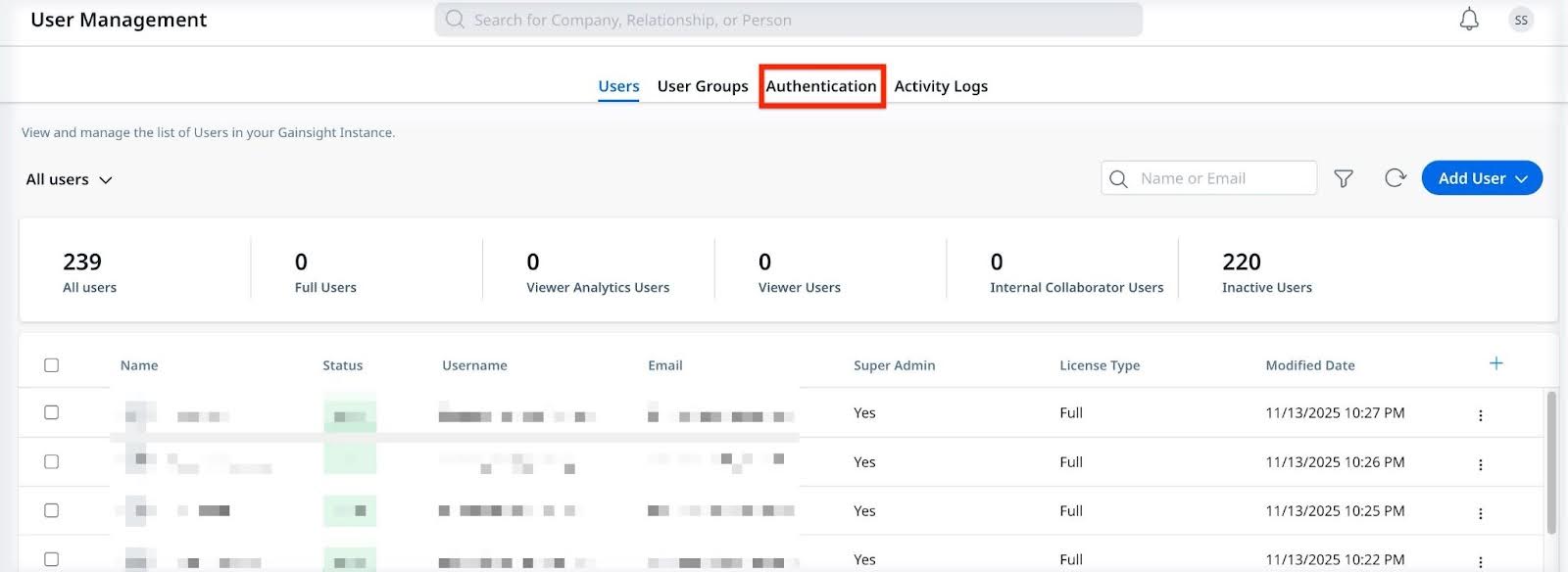 User Management page showing user list and the &ldquo;Authentication&rdquo; tab highlighted in the top navigation.