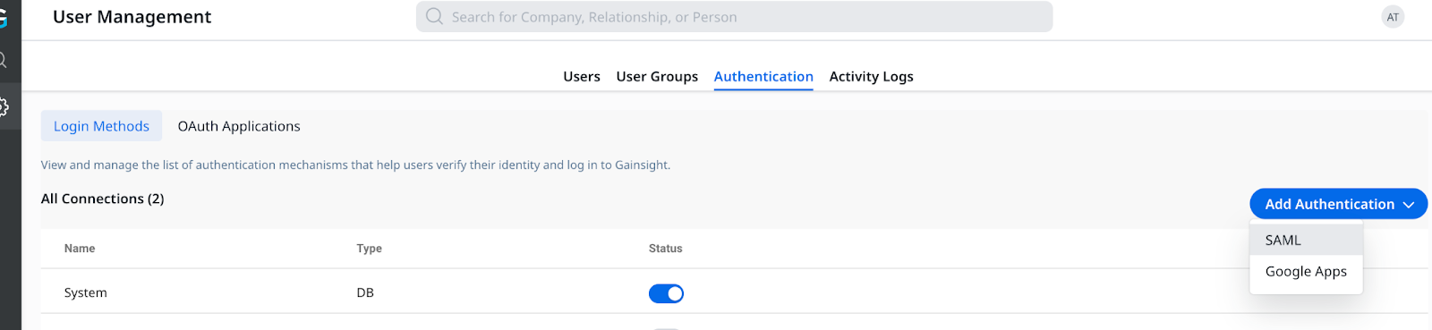 The drop down is displayed and show SAM option