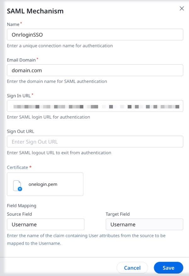 SAML Mechanism setup form showing fields for domain, sign-in URL, certificate upload, and username field mapping.
