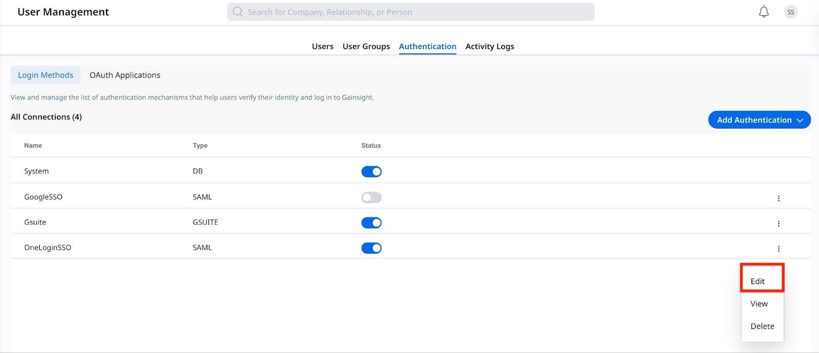 Authentication connections list with the options menu open for OneLoginSSO and the Edit option highlighted.